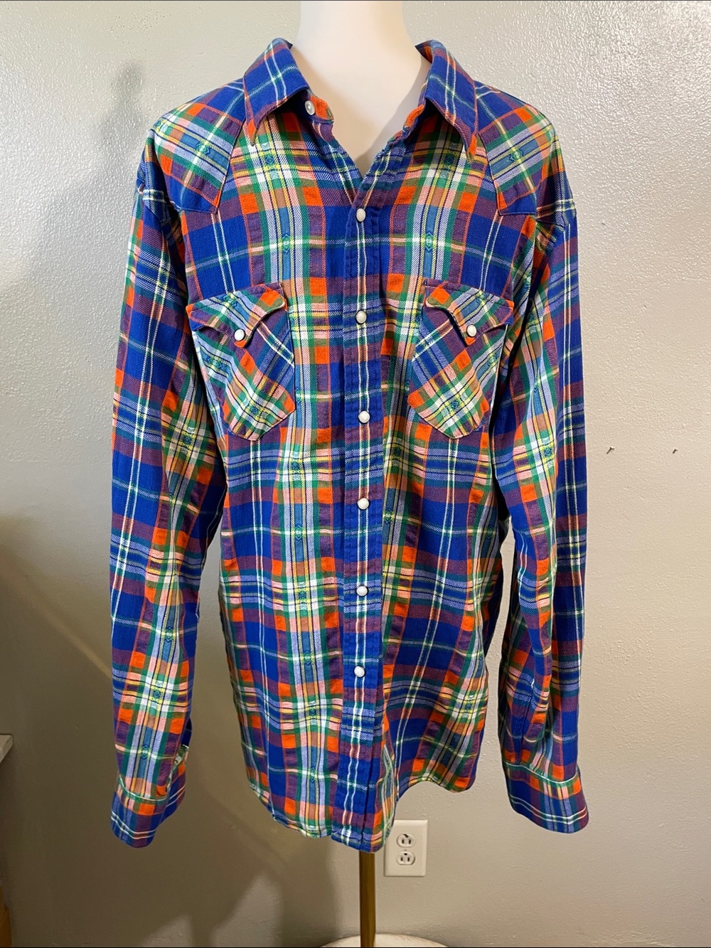 Polo Ralph Lauren Western Pearl Snap Plaid Flannel Shirt XXL Blue Rugged 2XL